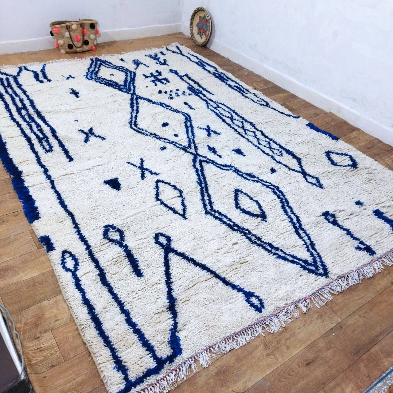 Large Moroccan Berber rug in cream and blue, 344 x 240 cm.