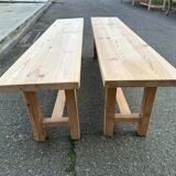 2 renovated farmhouse benches made of solid pine from the 20th century, 160cm.