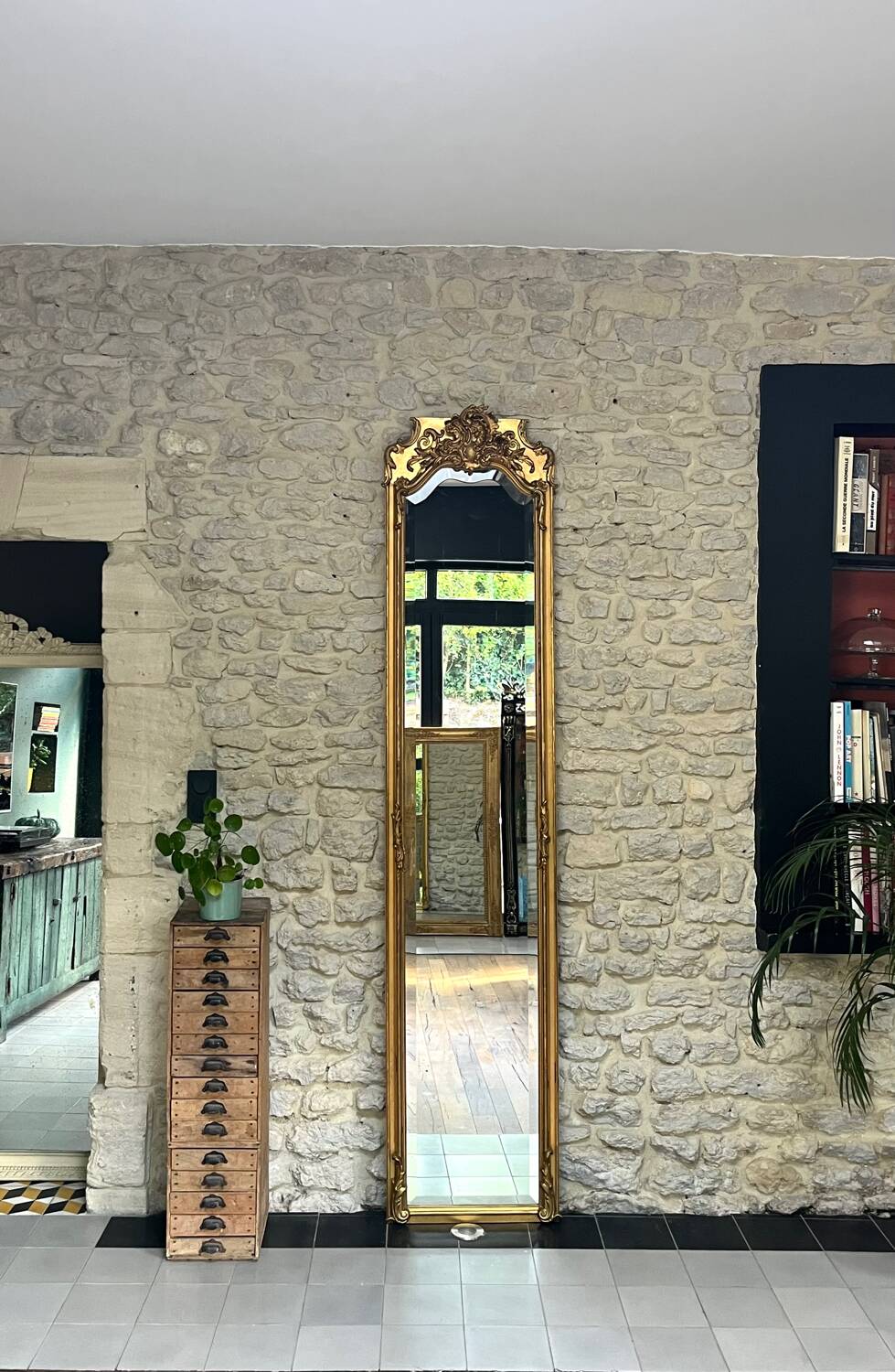 Antique mirror, 238.5/51cm, between two panes, with gilded pediments and gold leaf