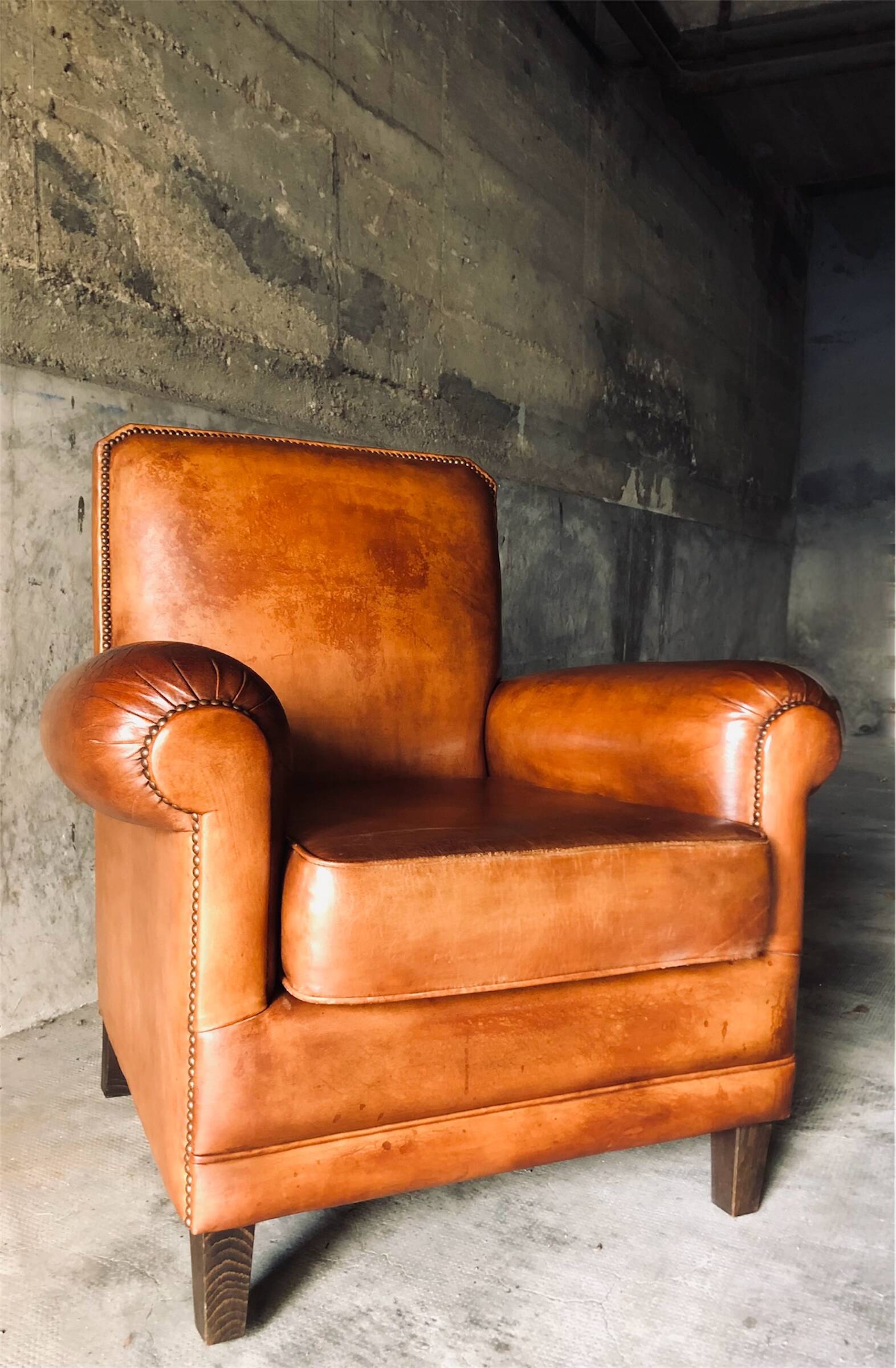 Fauteuil Club vintage en cuir « cognac »