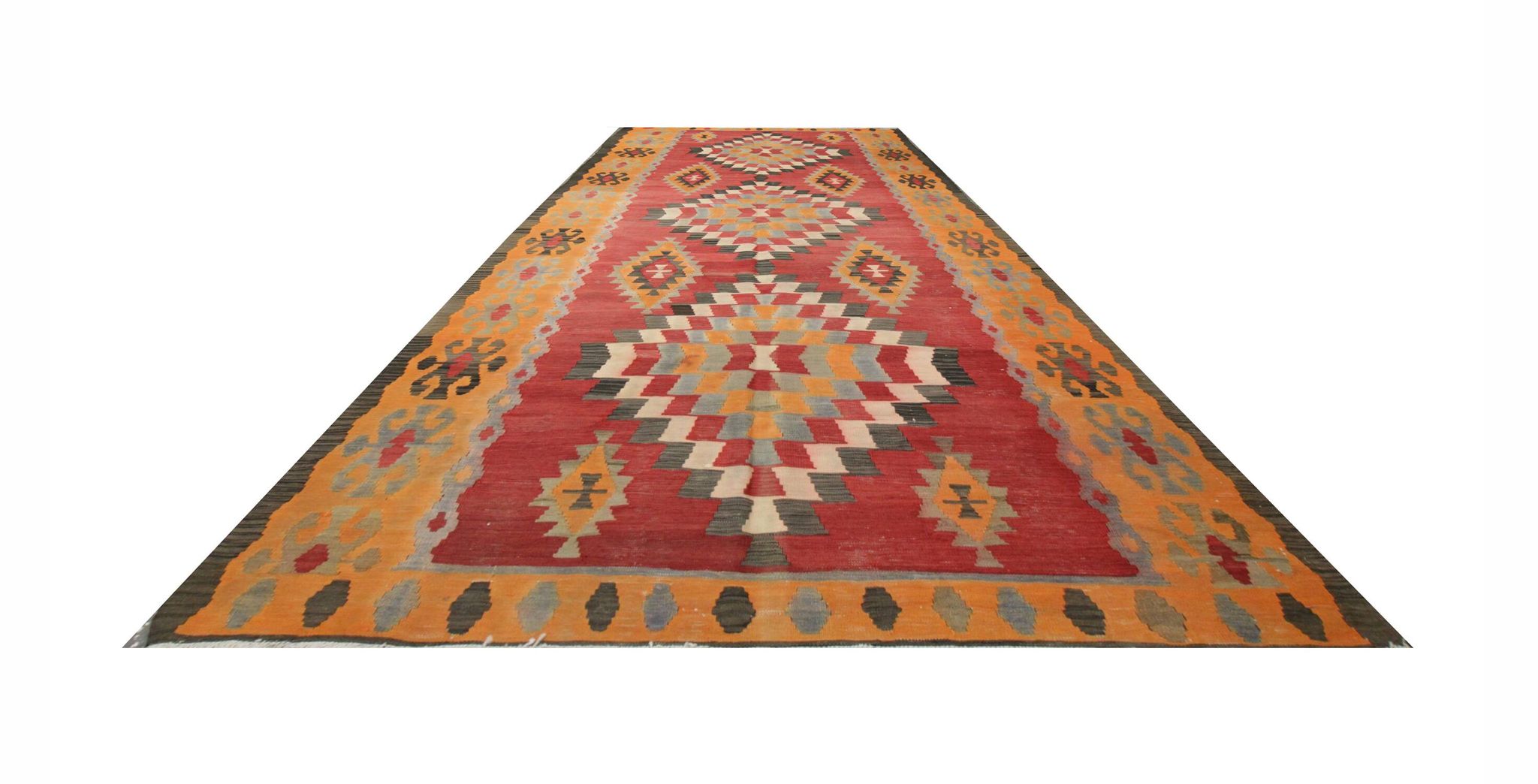 Vintage Red Orange  Kilim Rug 1980s Wool Tribal Flatweave 287 x 150 cm