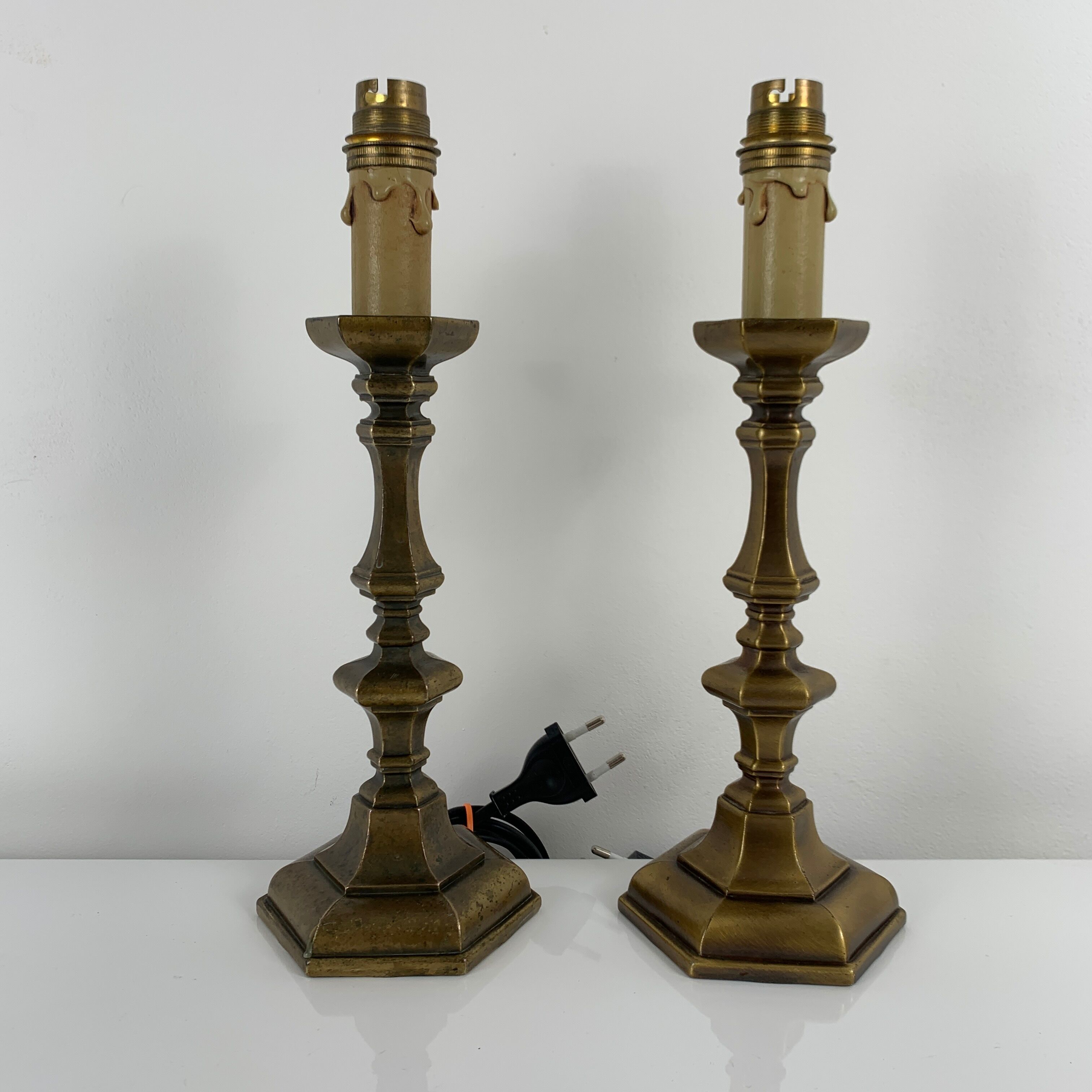 Pair of antique style bronze bedside lamps