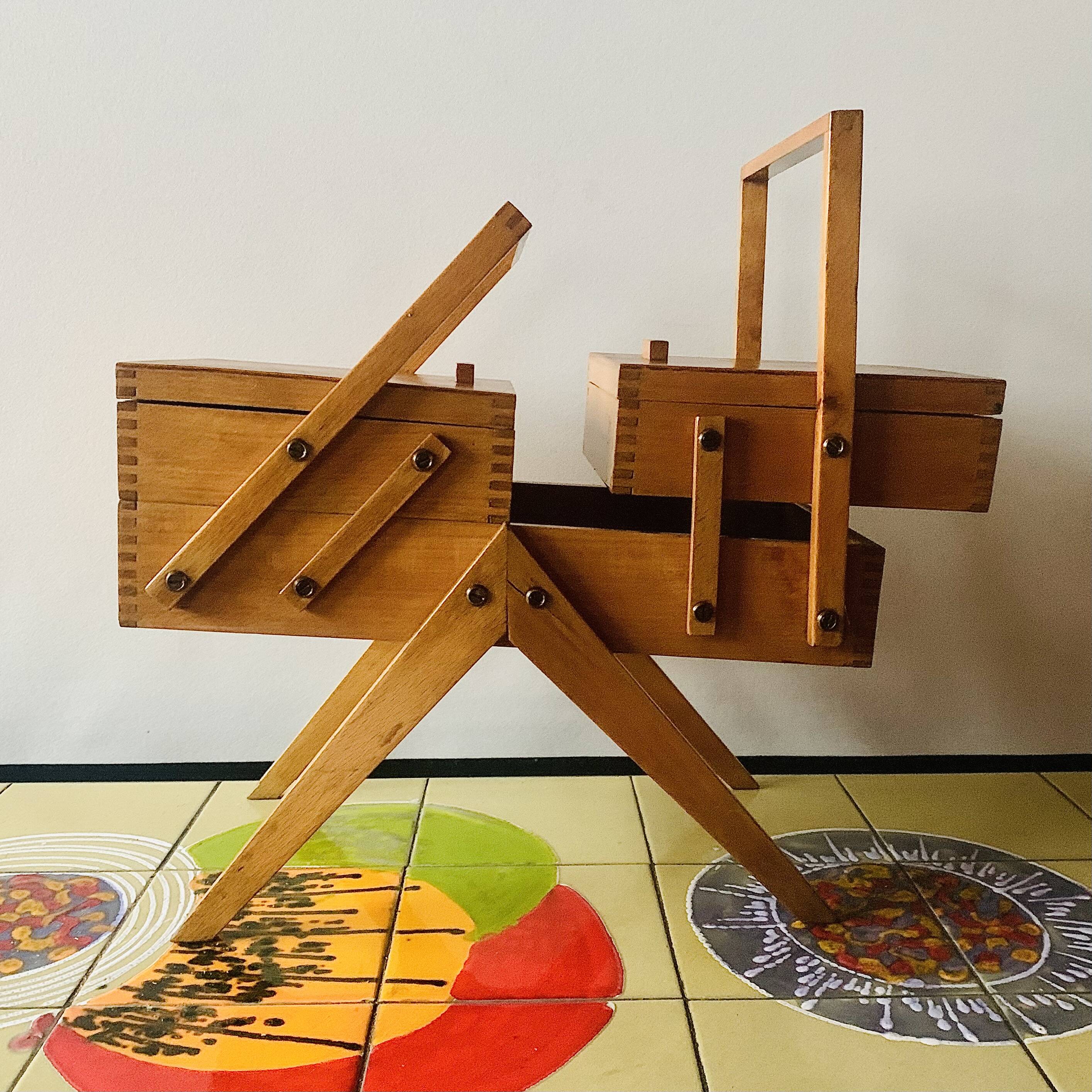 Worker - wooden sewing box with vintage compass feet