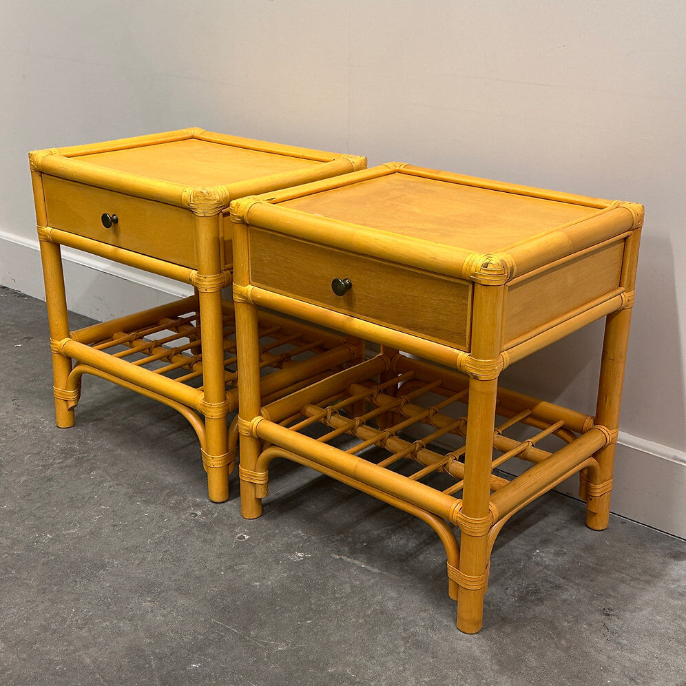 Pair of vintage bamboo & wood nightstands with drawer, 1970s