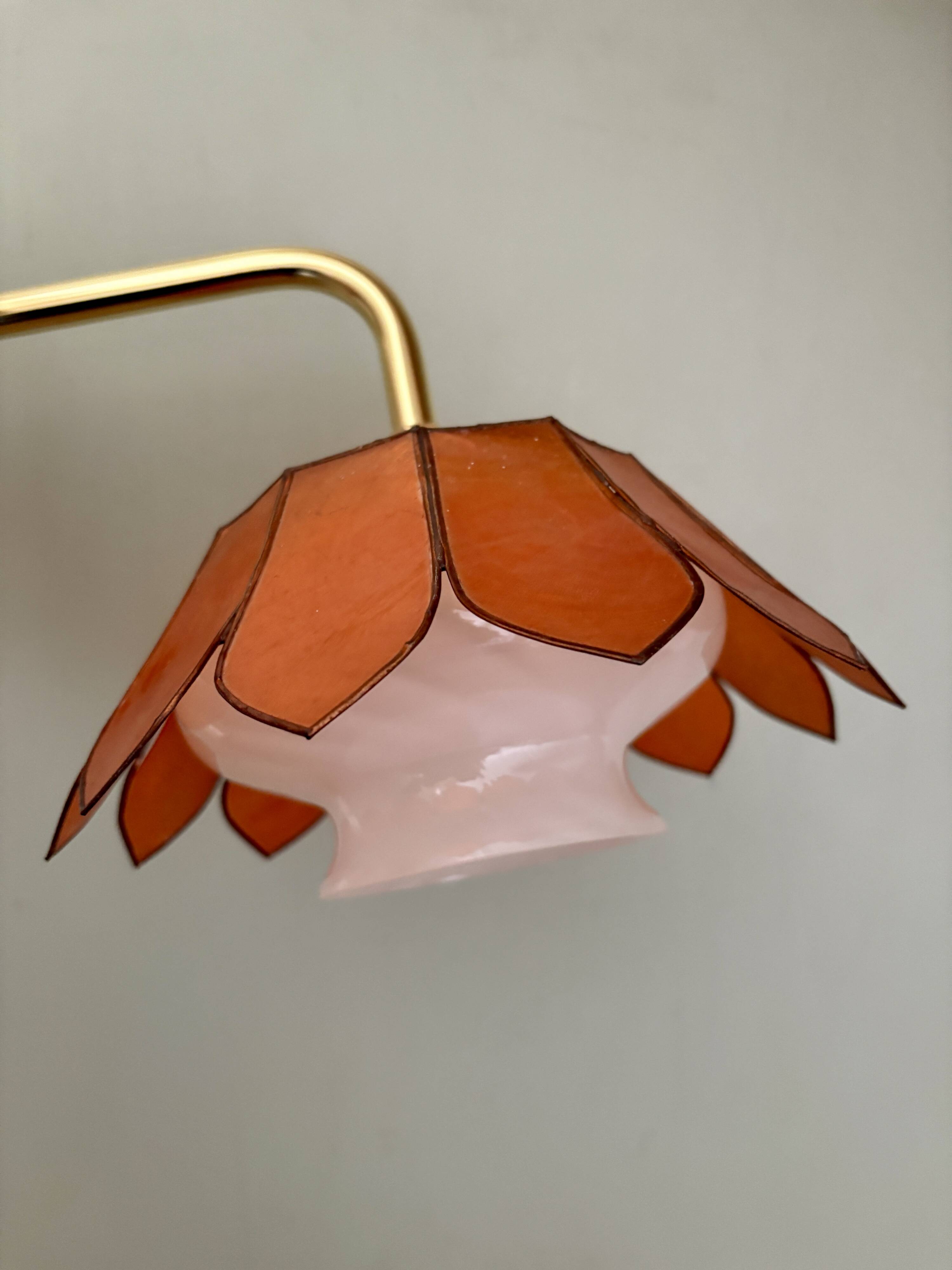Vintage angled wall lamp with mother-of-pearl lampshade and vintage tulip in white glass