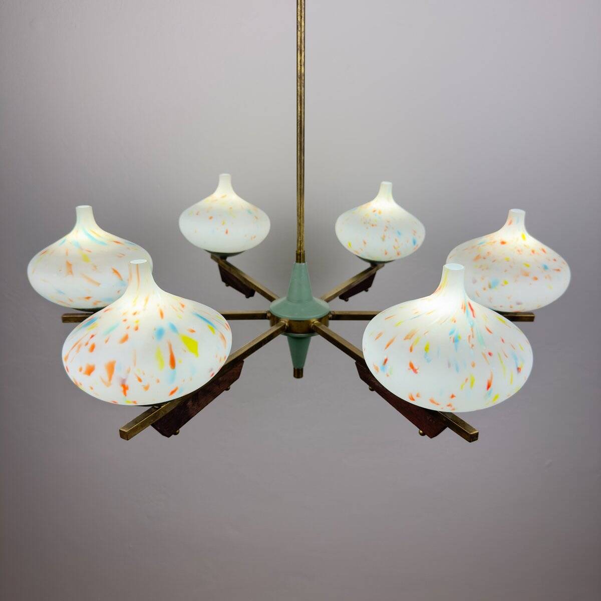 Mid-century chandelier with teak and Murano glass by Stilnovo, Italy, 1950s.