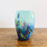 Murano blown glass vase – Blue gradient with yellow and red spots