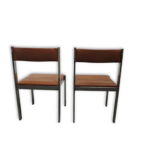 Pair of vintage chrome metal & brown imitation leather chairs (70s)