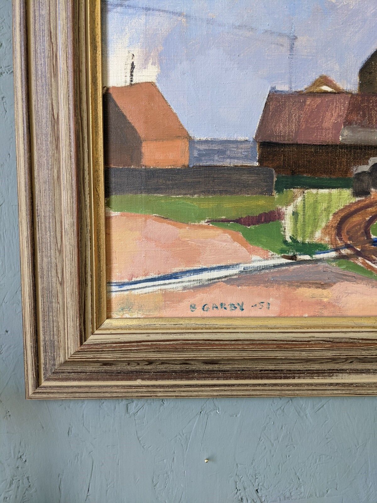 1951 Mid-Century Modern Swedish "Suburban Serenade" Vintage Landscape Oil Painting, Framed
