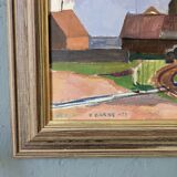 Peinture à l’huile de paysage vintage suédoise moderne du milieu du siècle « Suburban Serenade », encadrée, 1951