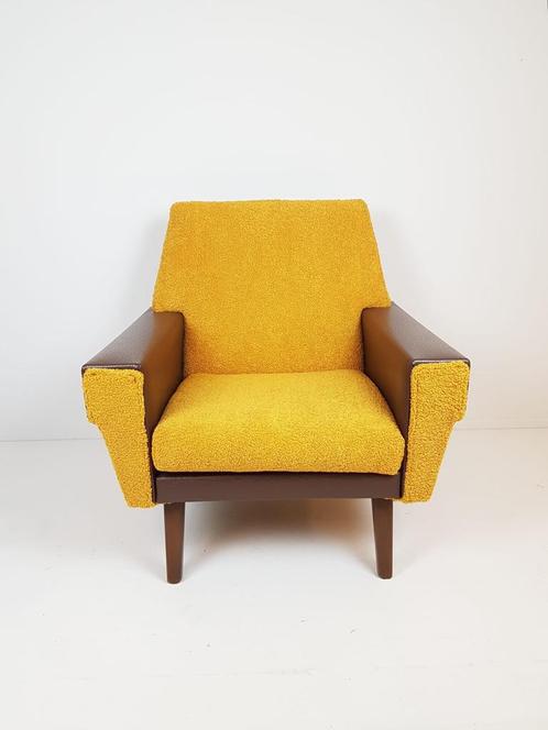 Armchair in ochre yellow and brown skai teddy fabric