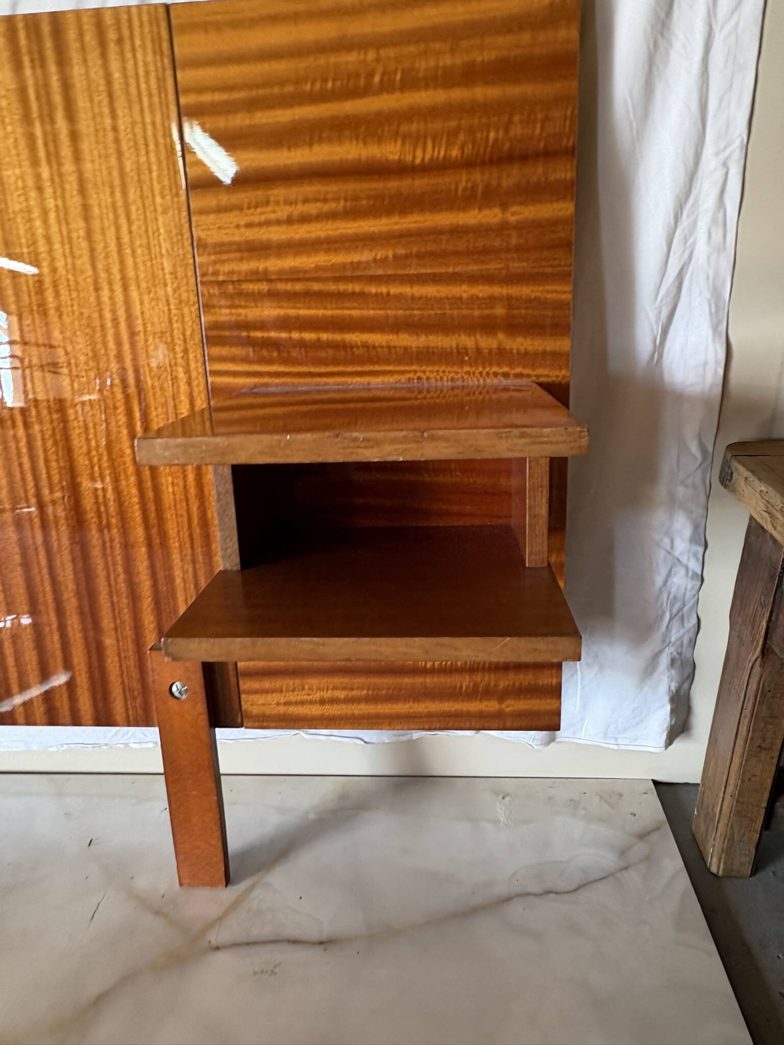 Varnished mahogany headboard, integrated bedside tables, 1960s