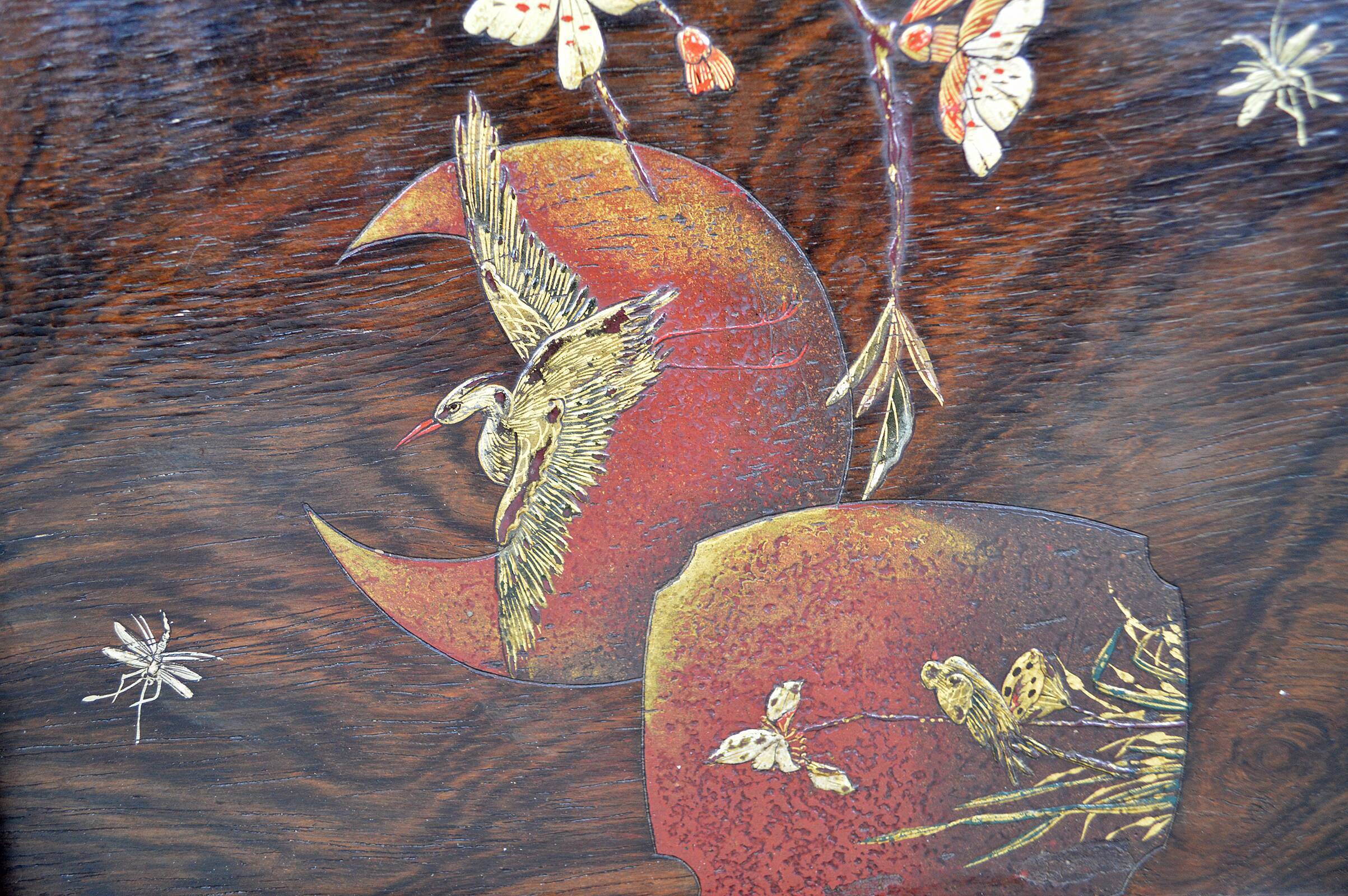 Japanese pedestal table in carved wood and lacquered panels, France, circa 1880