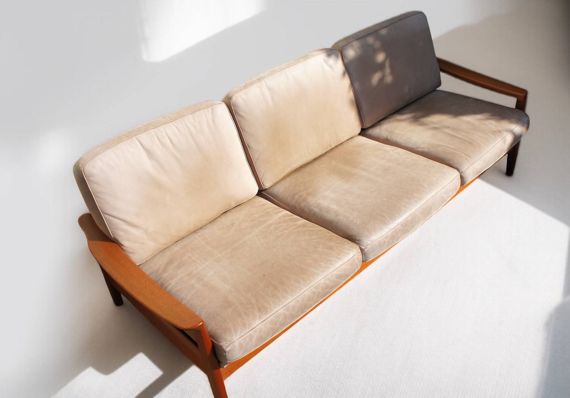 Danish Teak & Vintage Leather Convertible Sofa Bed 1960