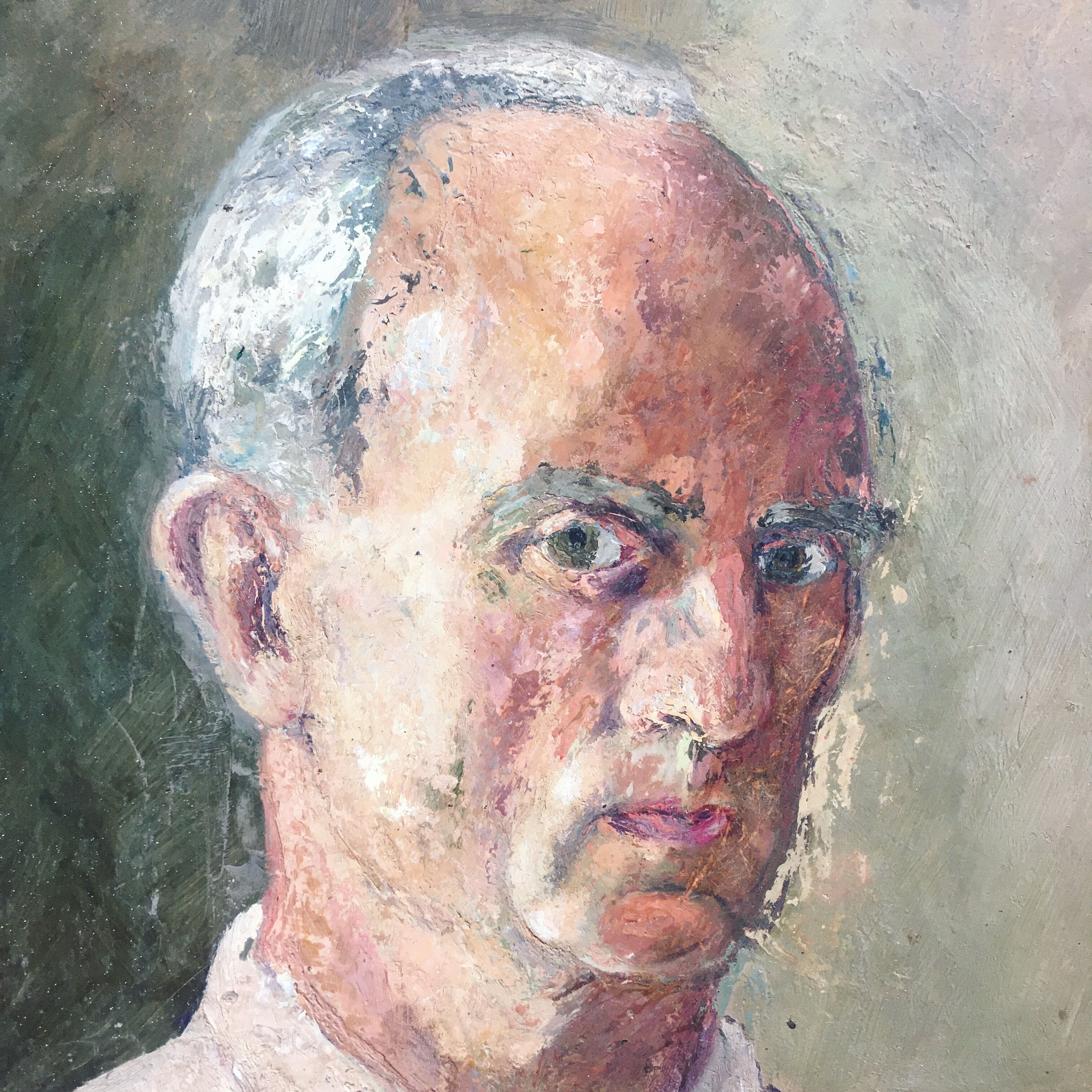 Portrait of a man with oil painting. Oil on Isorel. Oil painting. 1930s. Vintage portrait.