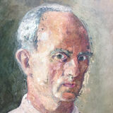 Portrait of a man with oil painting. Oil on Isorel. Oil painting. 1930s. Vintage portrait.
