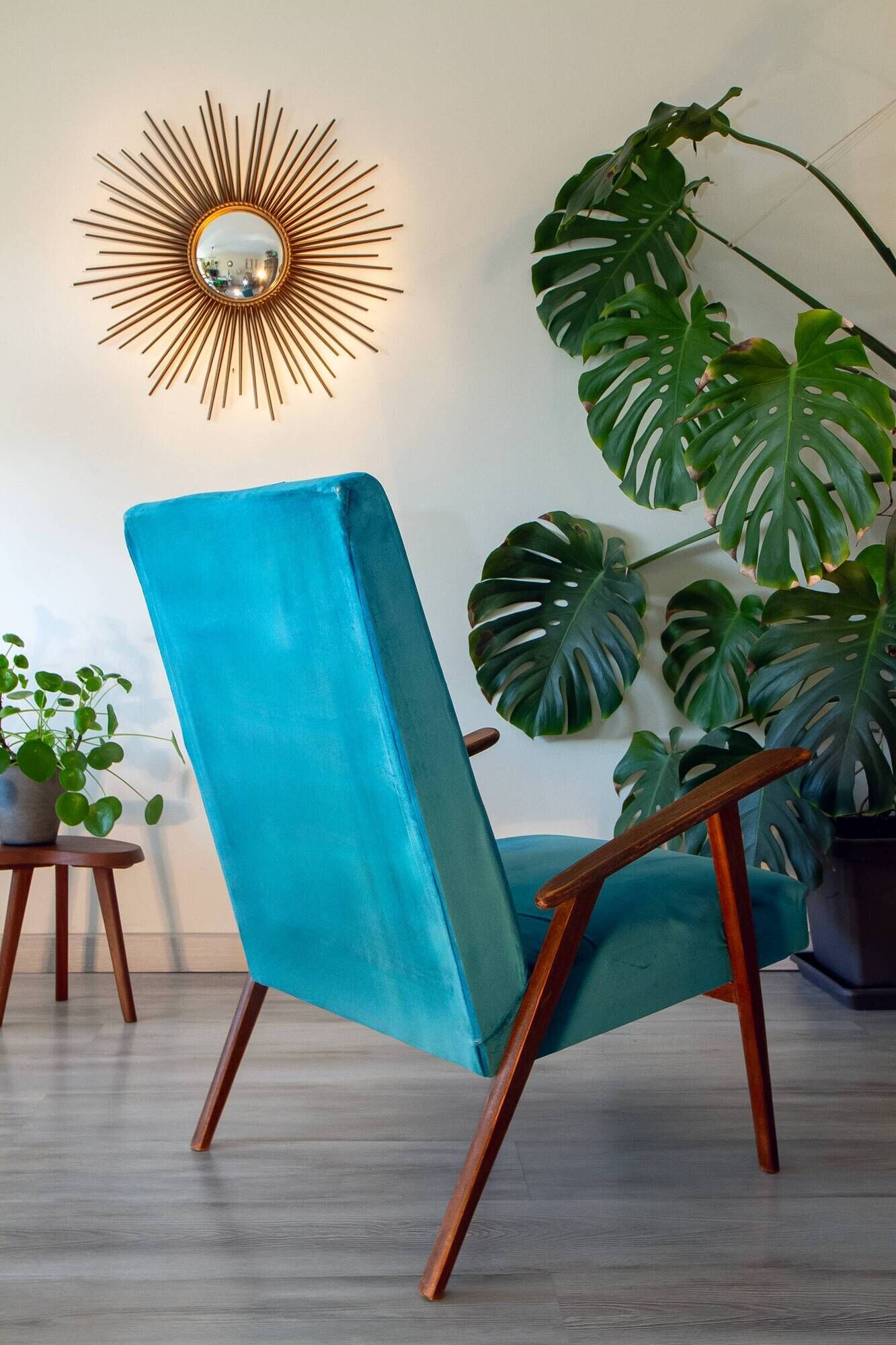 Scandinavian velvet armchair in duck blue, 1950s-60s.
