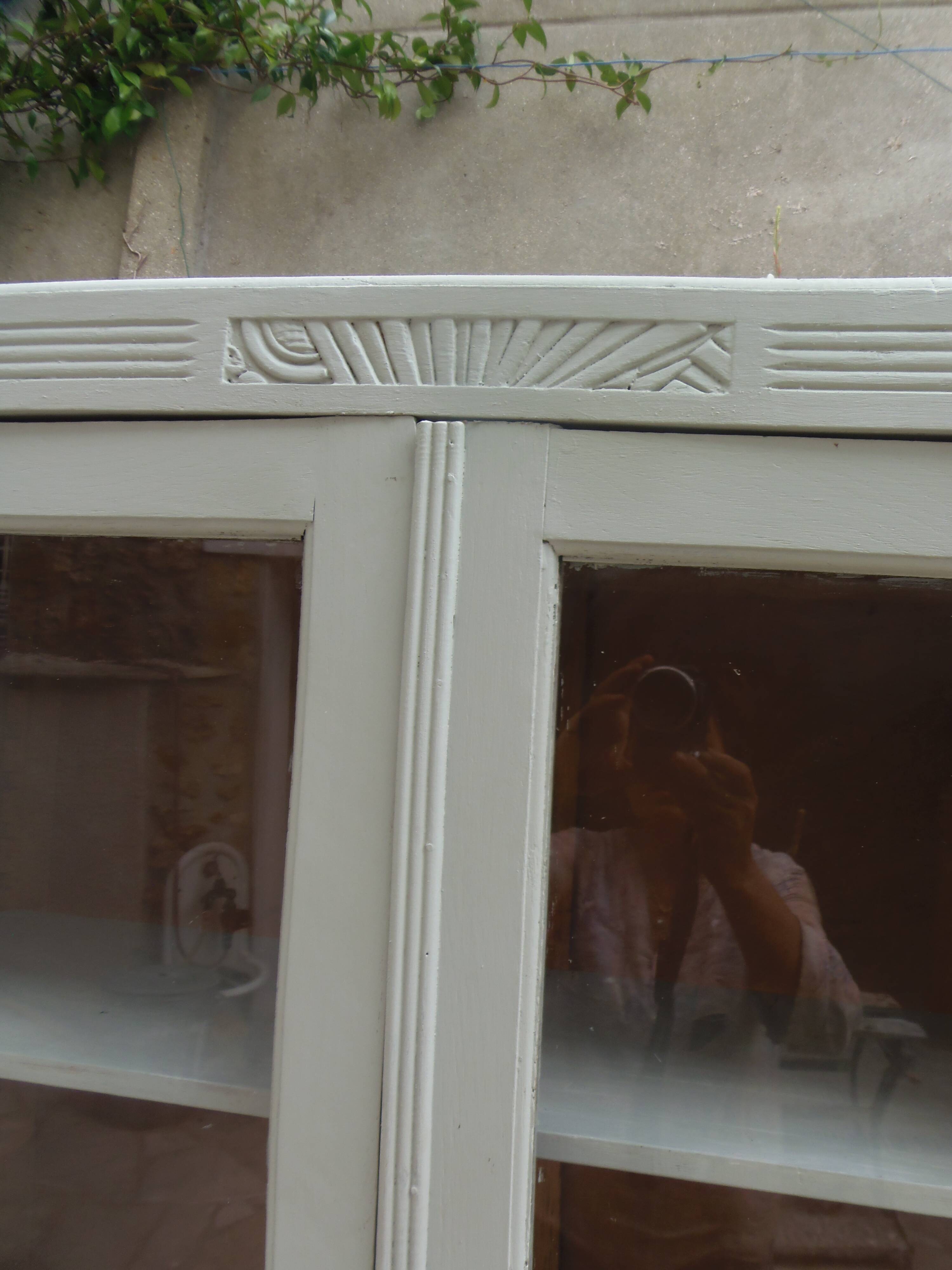 Renovated Art Deco display cabinet in grey-green.