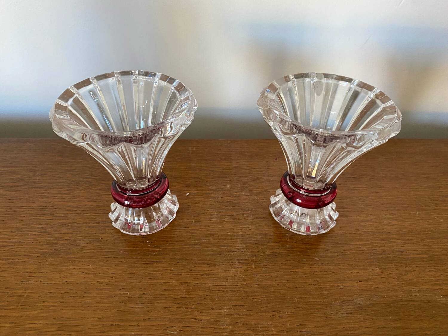 Pair Antique Clear + Red Carved Vase Vintage Decoration