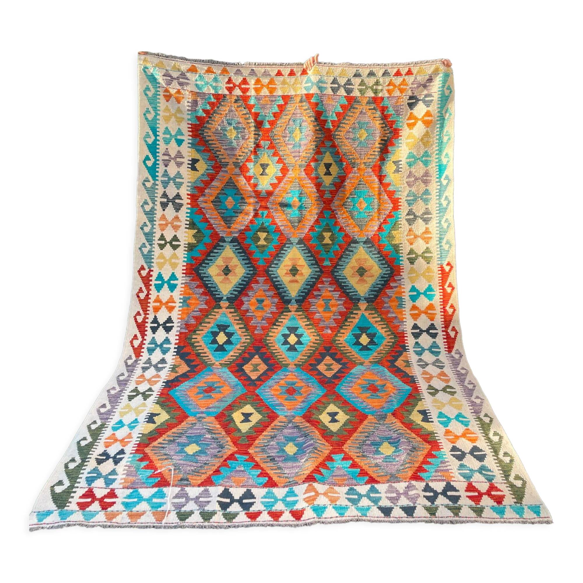 Oriental kilim rug afghan colored red and multicolored