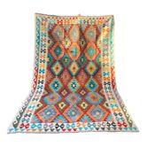 Oriental kilim rug afghan colored red and multicolored