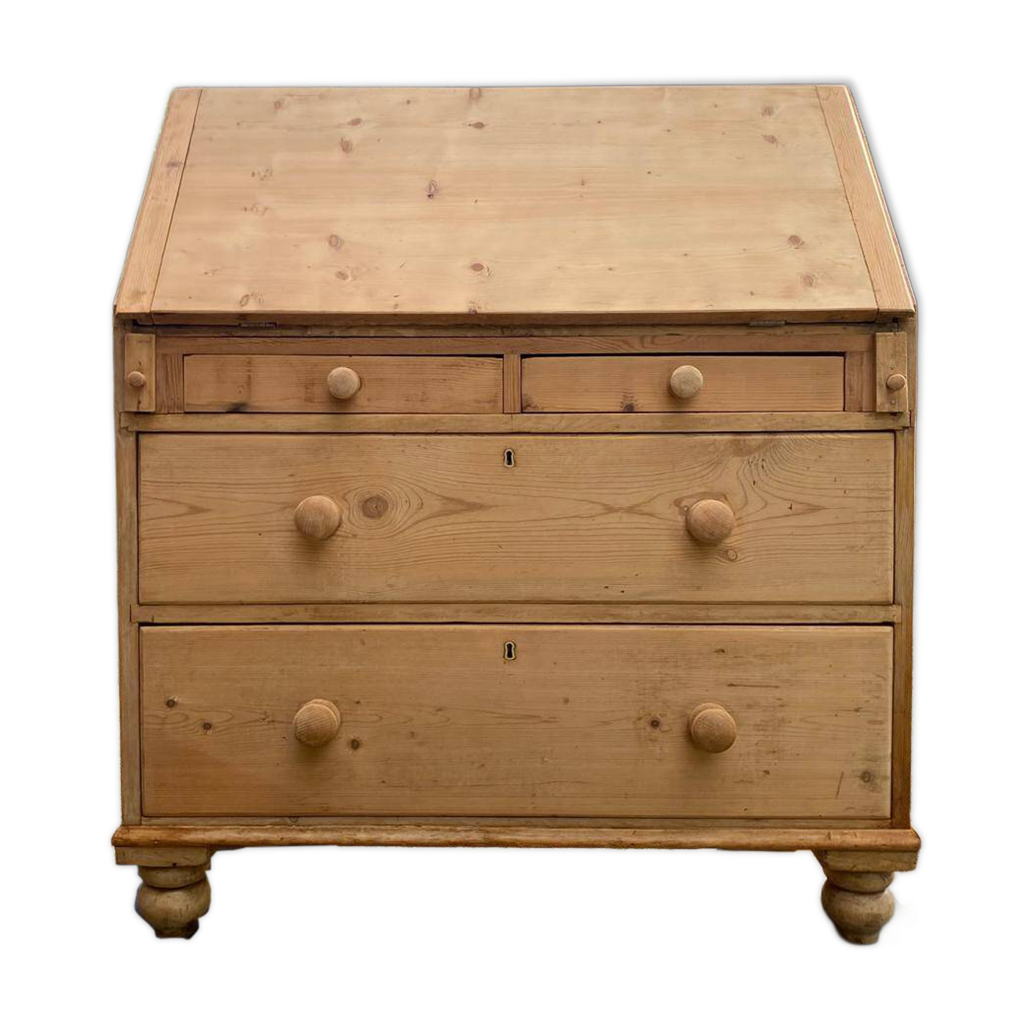 Antique English scriban secretary desk in solid pine.