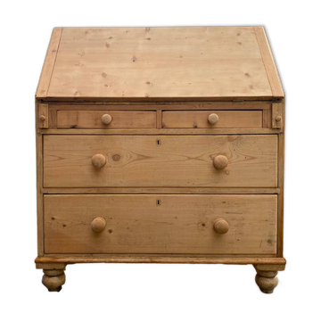 Antique English scriban secretary desk in solid pine.