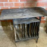 Antique writing desk, blackened wooden filing cabinet.