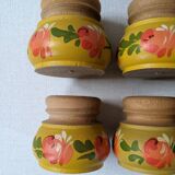 Egg cups in wood with hand-painted floral decoration, handcrafted