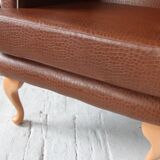 Vintage brown leatherette wingback armchair set, light wood legs, 1960s.