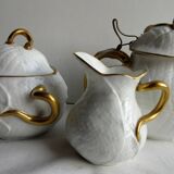 Service à café 3 éléments décor feuille, porcelaine fine décorée Or Napoléon III