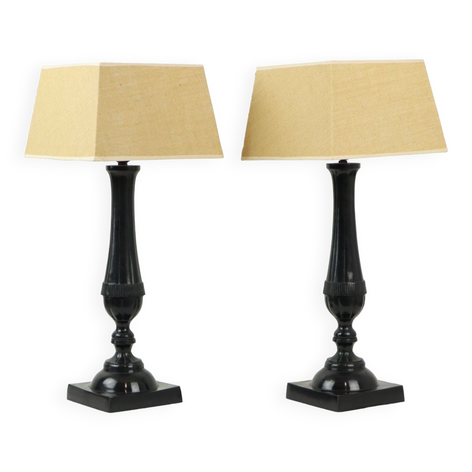Pair of black metal table lamps lamps fabric shade parex vintage 58cm