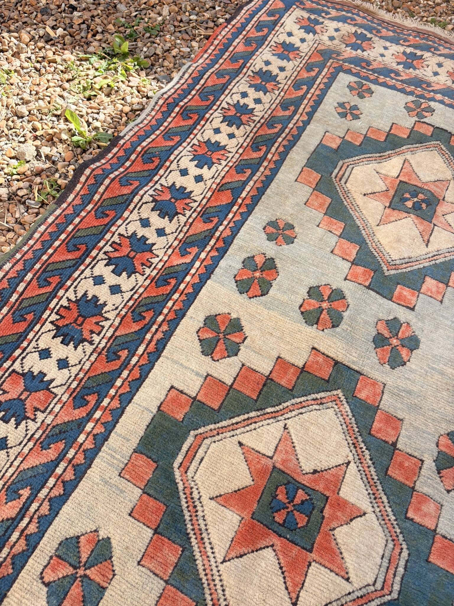 Antique Kazak Caucasian Carpet Wool 200x120 Vintage Blue Oriental Carpet 1900