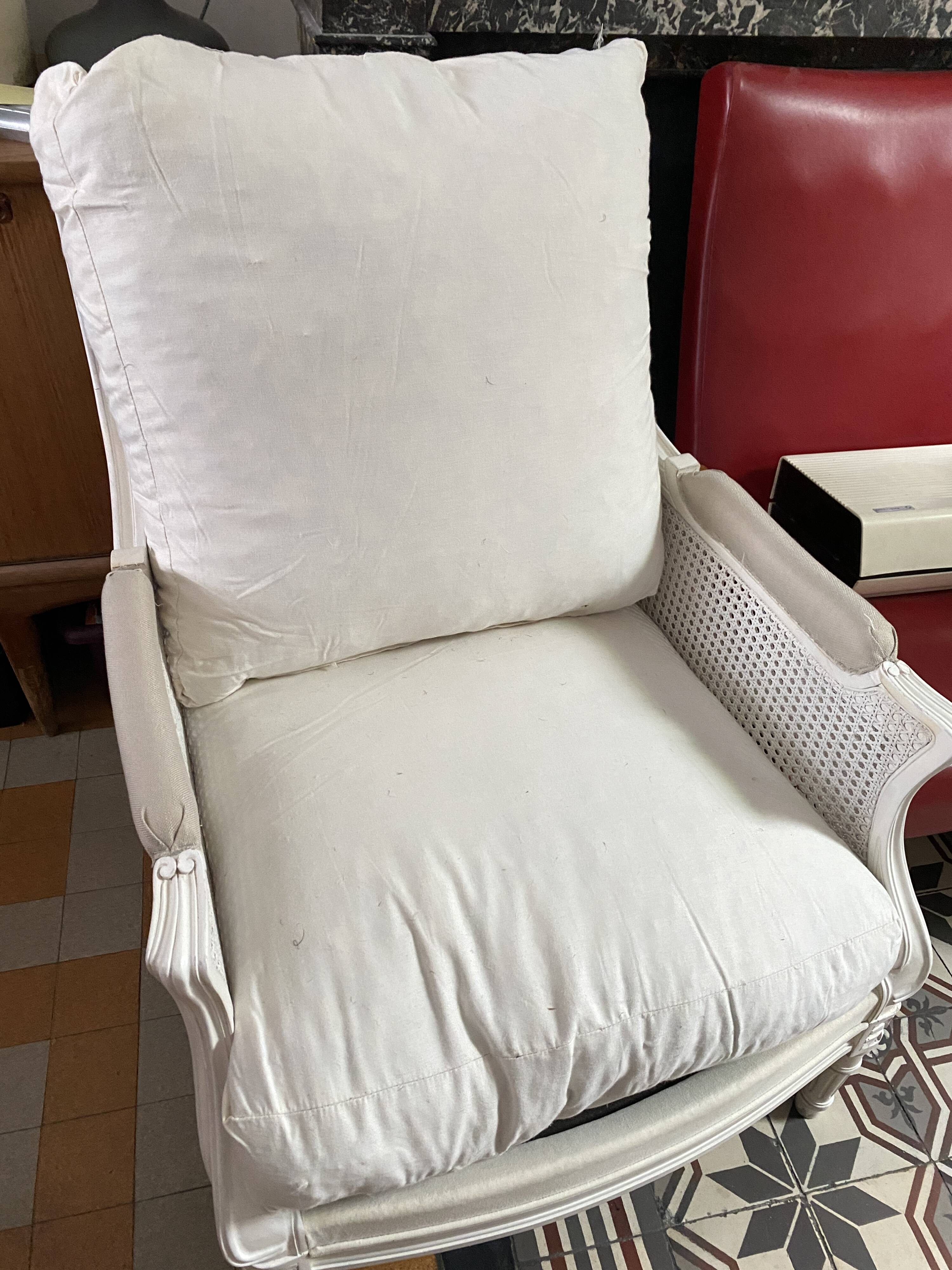 Pair of Louis XVI style caned Bergère armchairs