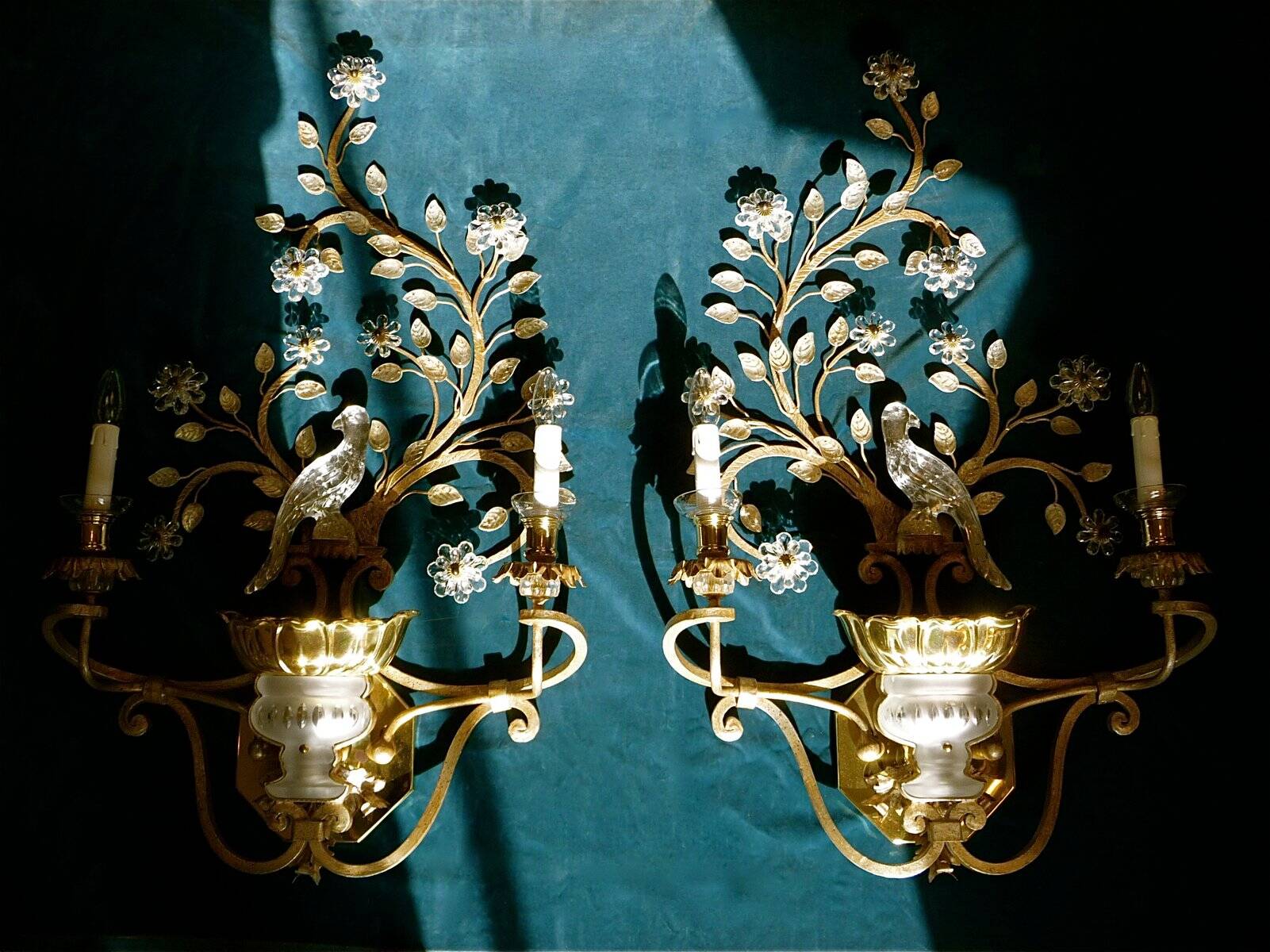 Large Italian gilt metal and crystal glass sconces from Banci Firenze, 1960s, set of 2