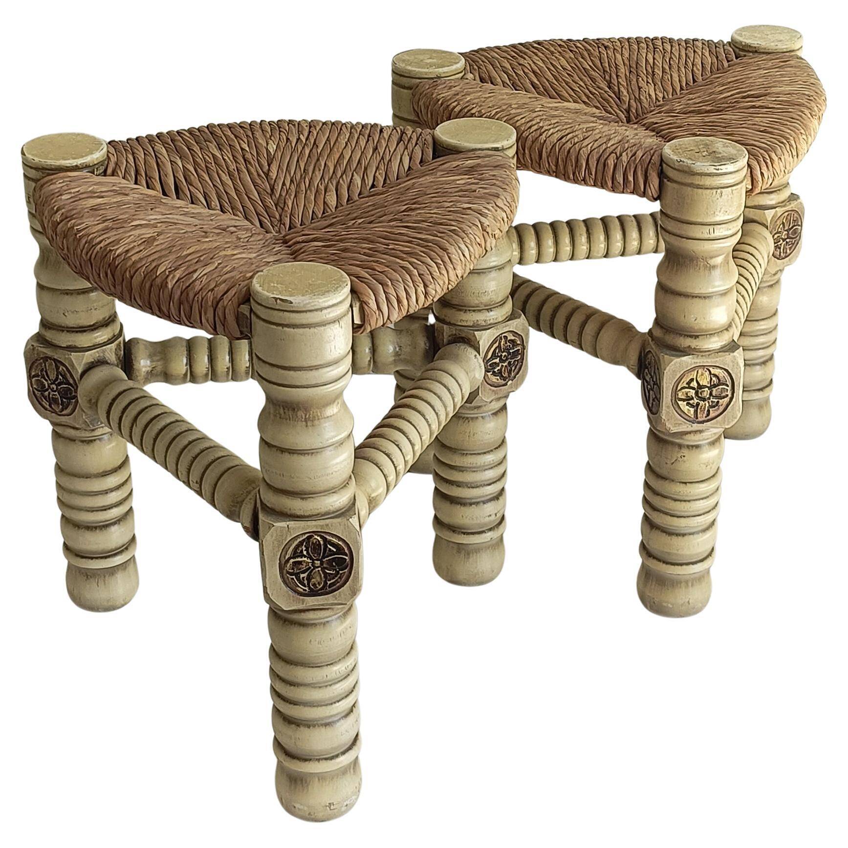 Brutalist Hand-Carved Wood and Fiber Stools, Belgium, Circa 1960s