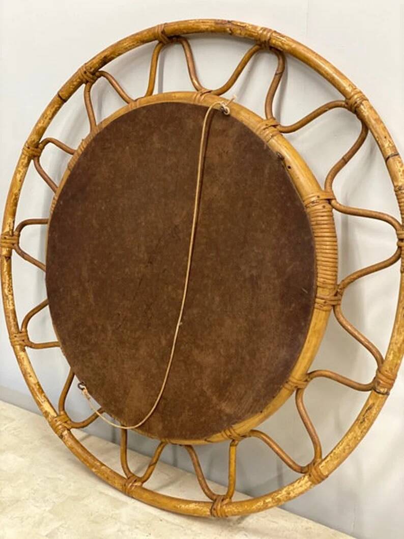 Rare mid-century round Italian mirror with double bamboo weaved wicker frame, 19