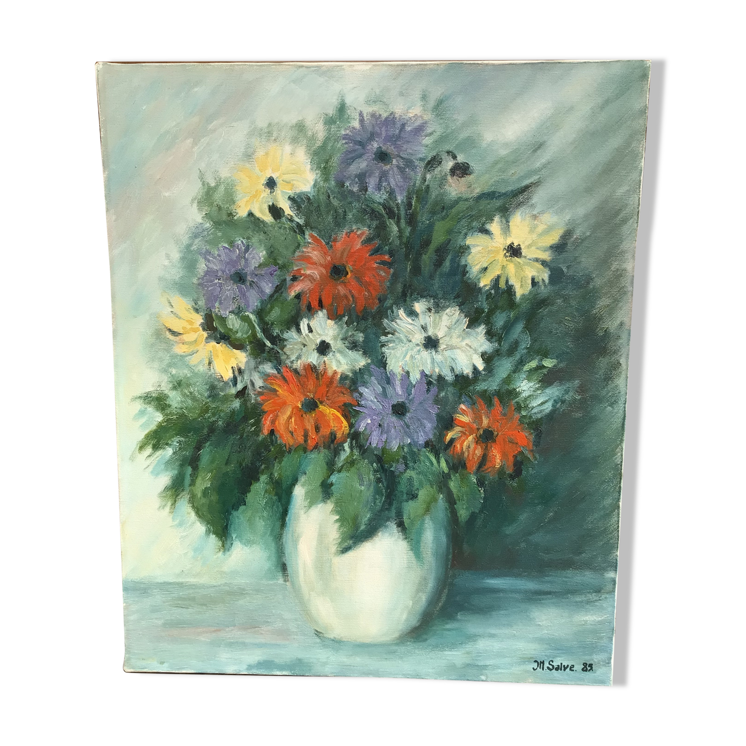 Oil bouquet table signed JM. Salve 1985