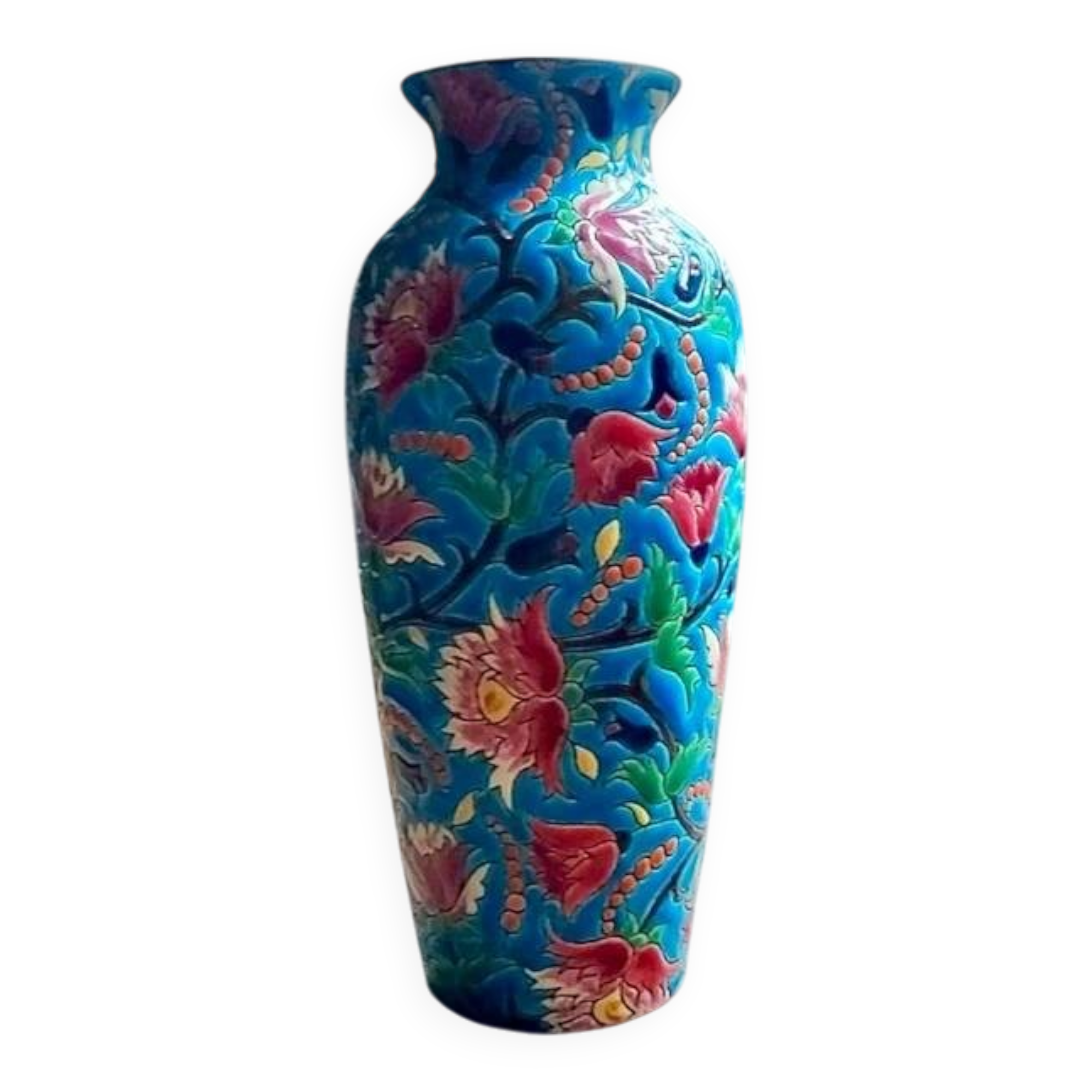 Longwy enamel vase – 24 cm high – decorative floral glazed earthenware