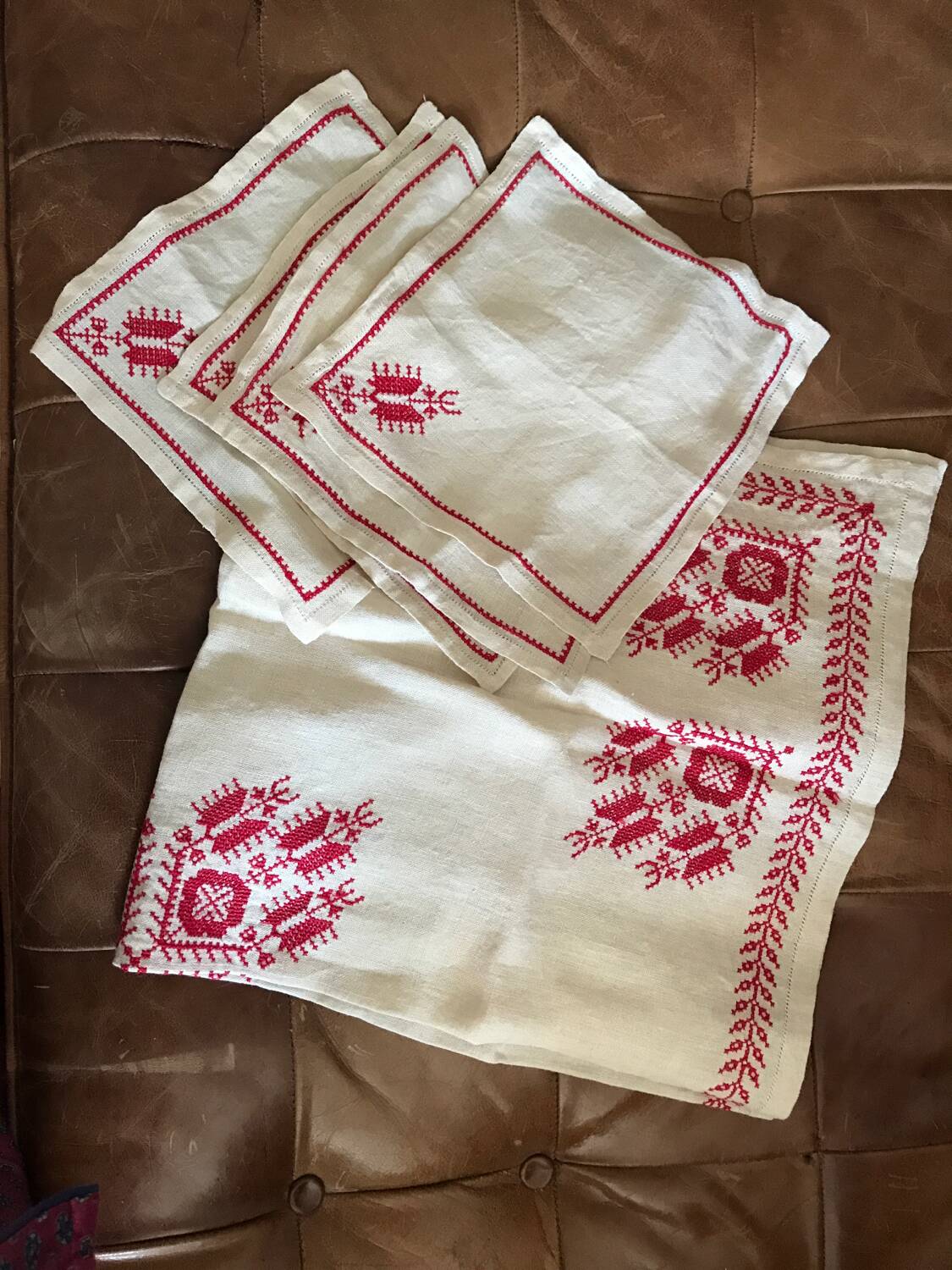 Hand embroidered linen tablecloth and napkins