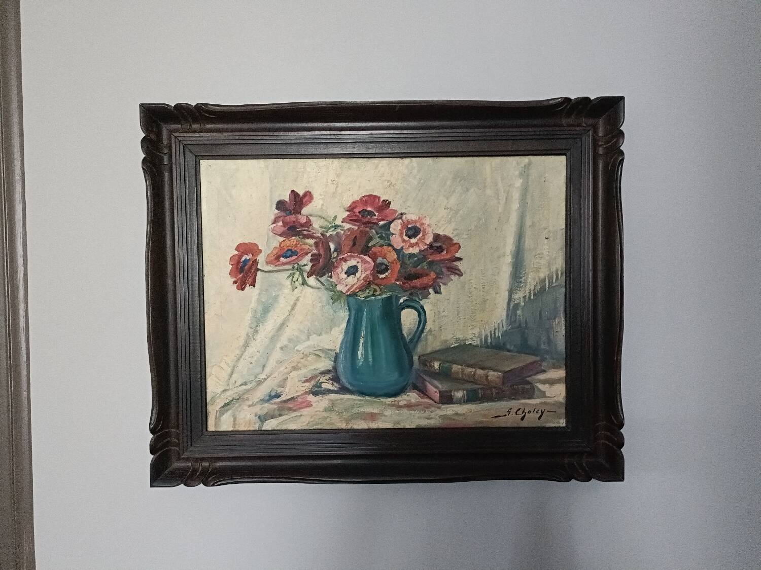 Grande huile sur toile, vase fleuri, Gustav Choley