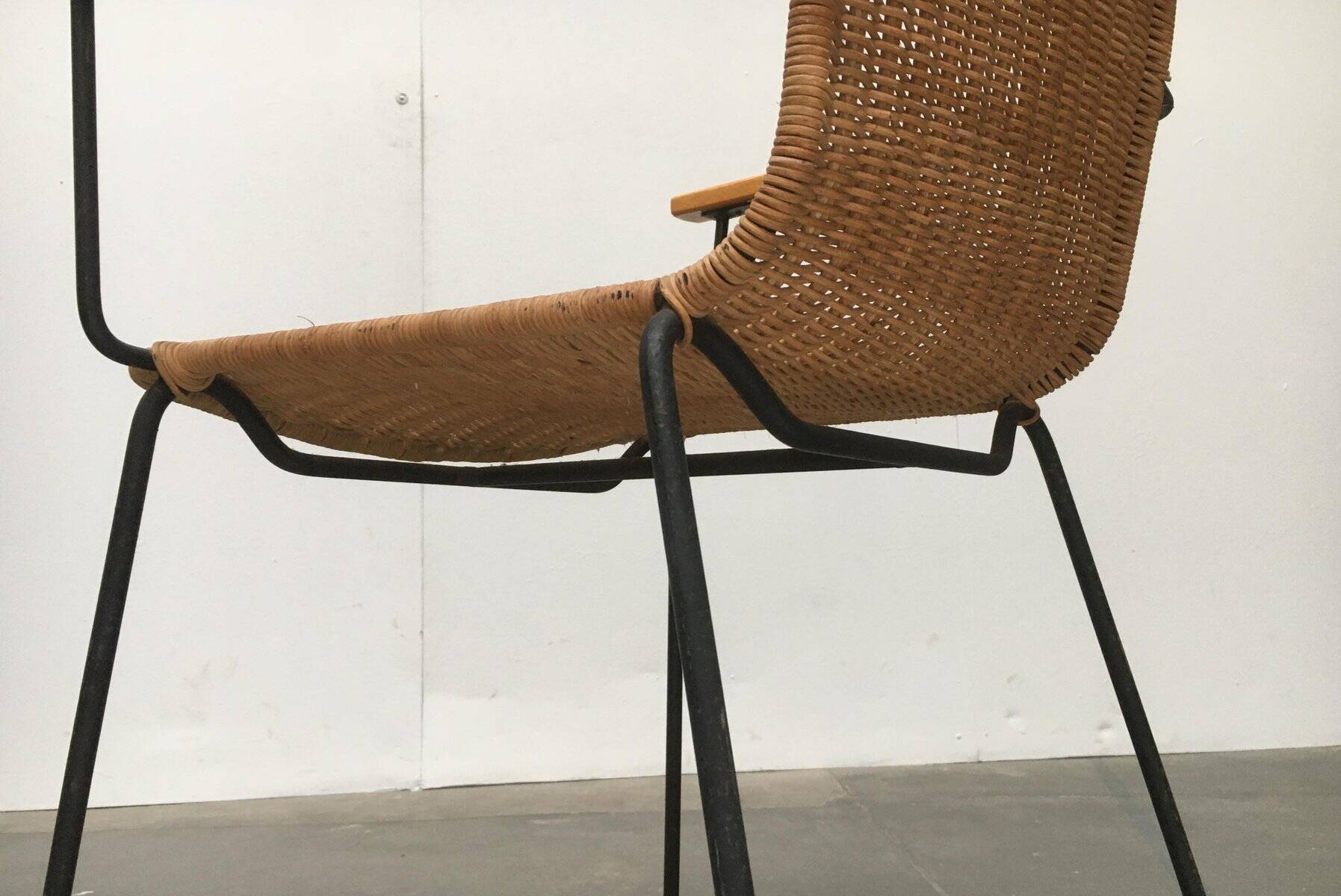 Mid-century metal and rattan dining chairs, set of 3.