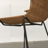 Mid-century metal and rattan dining chairs, set of 3.