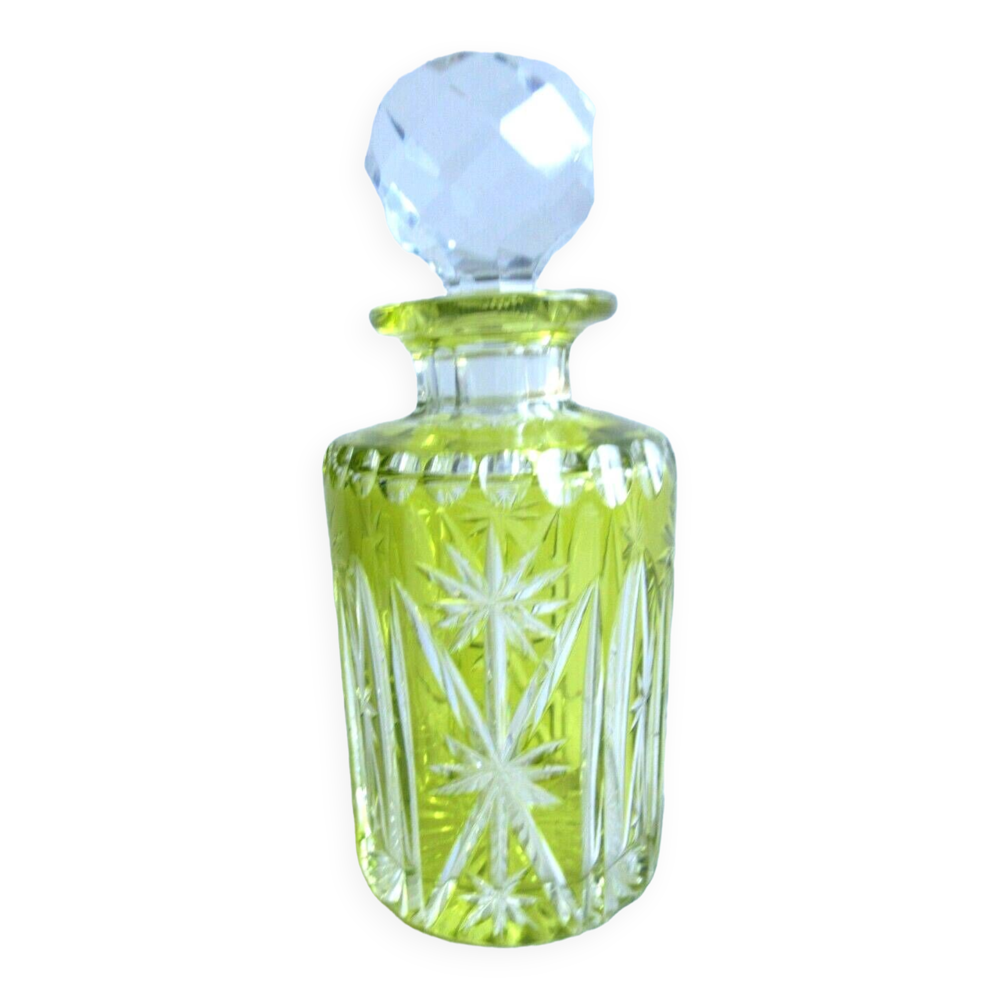 Flacon à parfum verre jaune ouraline, ciselé blanc, Val St Lambert ou St Louis