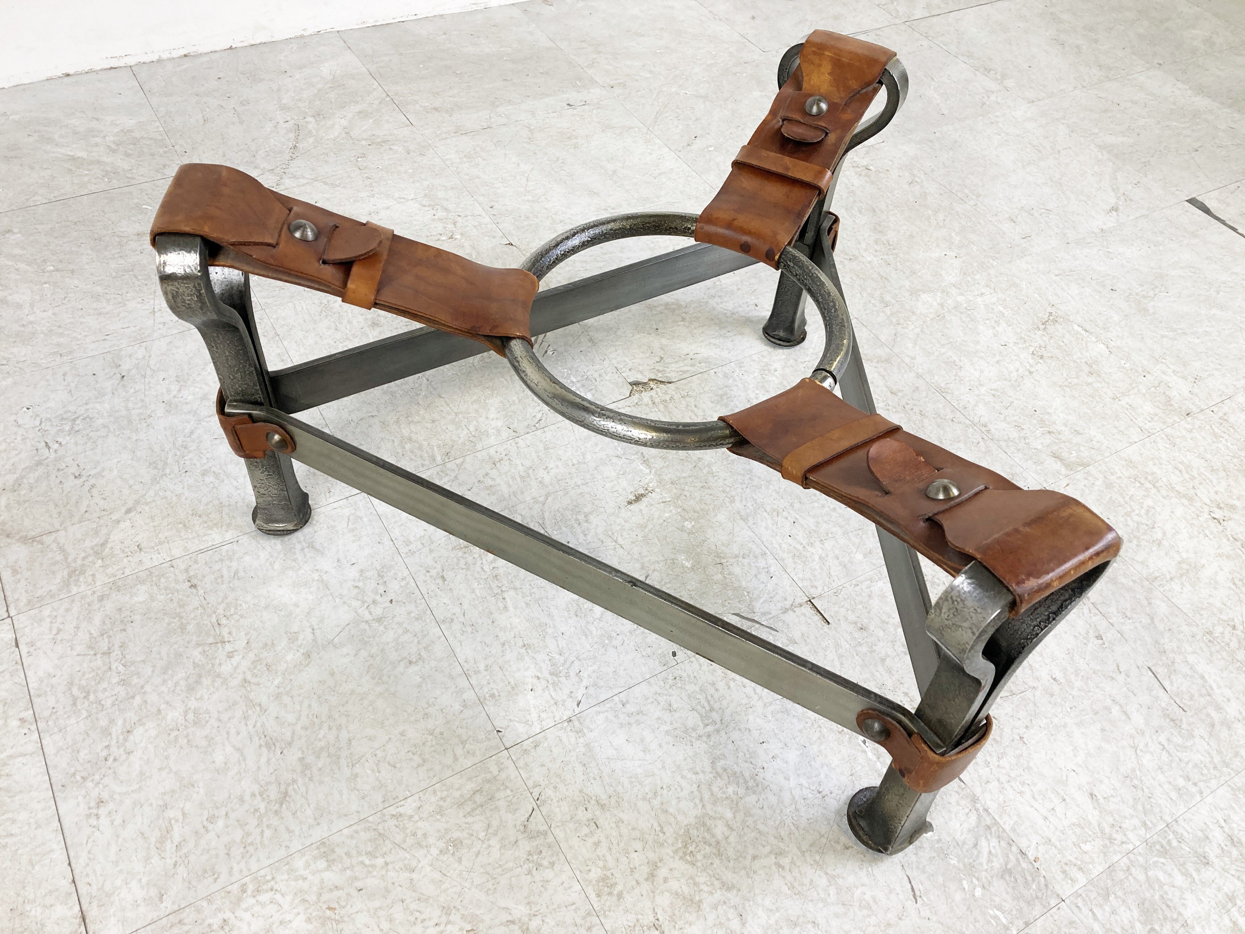 Mid century iron and leather coffee table, 1950s