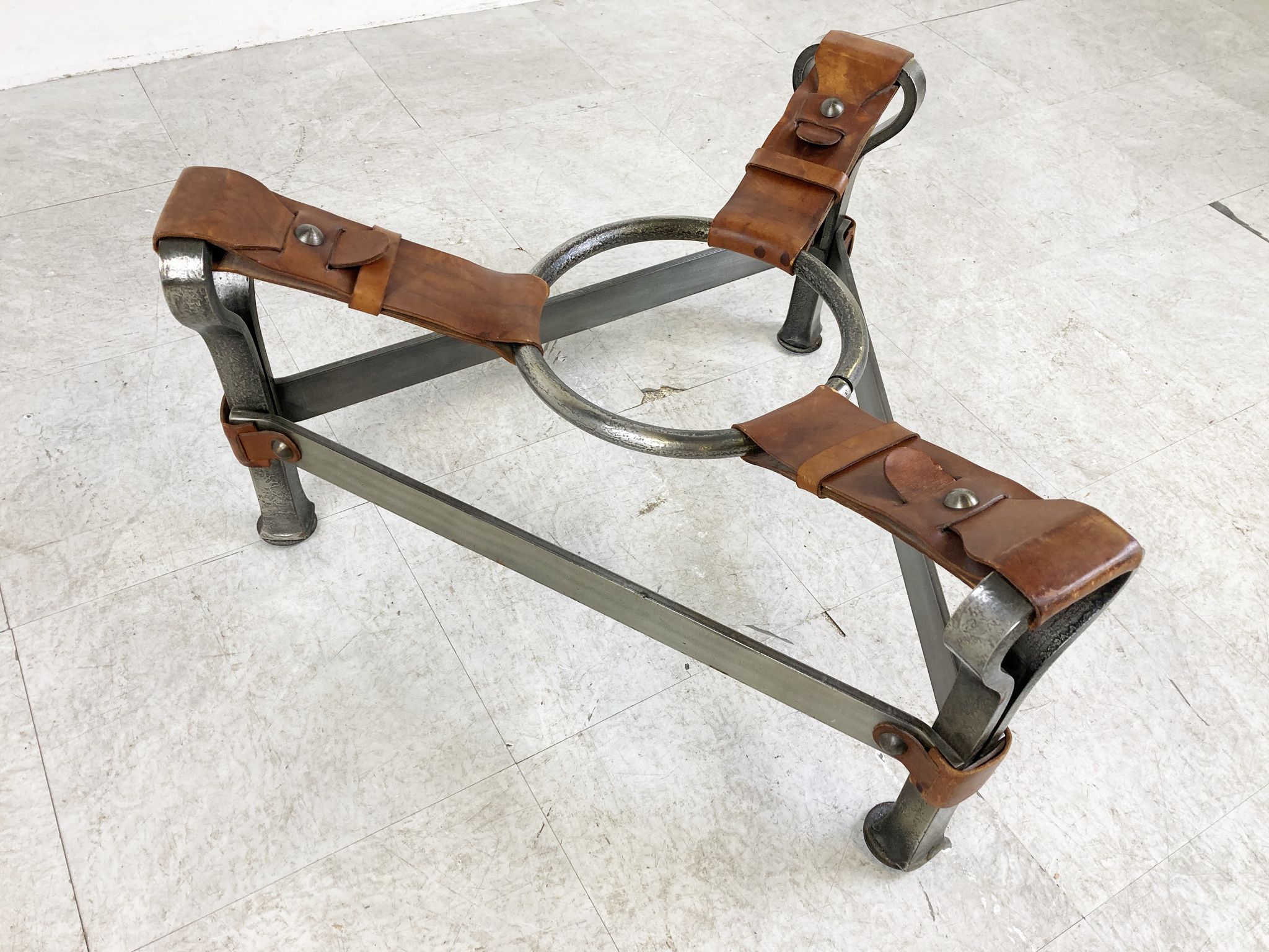 Mid century iron and leather coffee table, 1950s