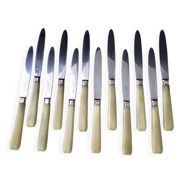 12 cheese or fruit knives "Aux 2 lions" with bovine horn handles