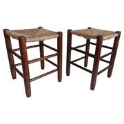Charlotte Perriand Style, Pair of Rustic Wood and Straw Stools, France, c. 1950s