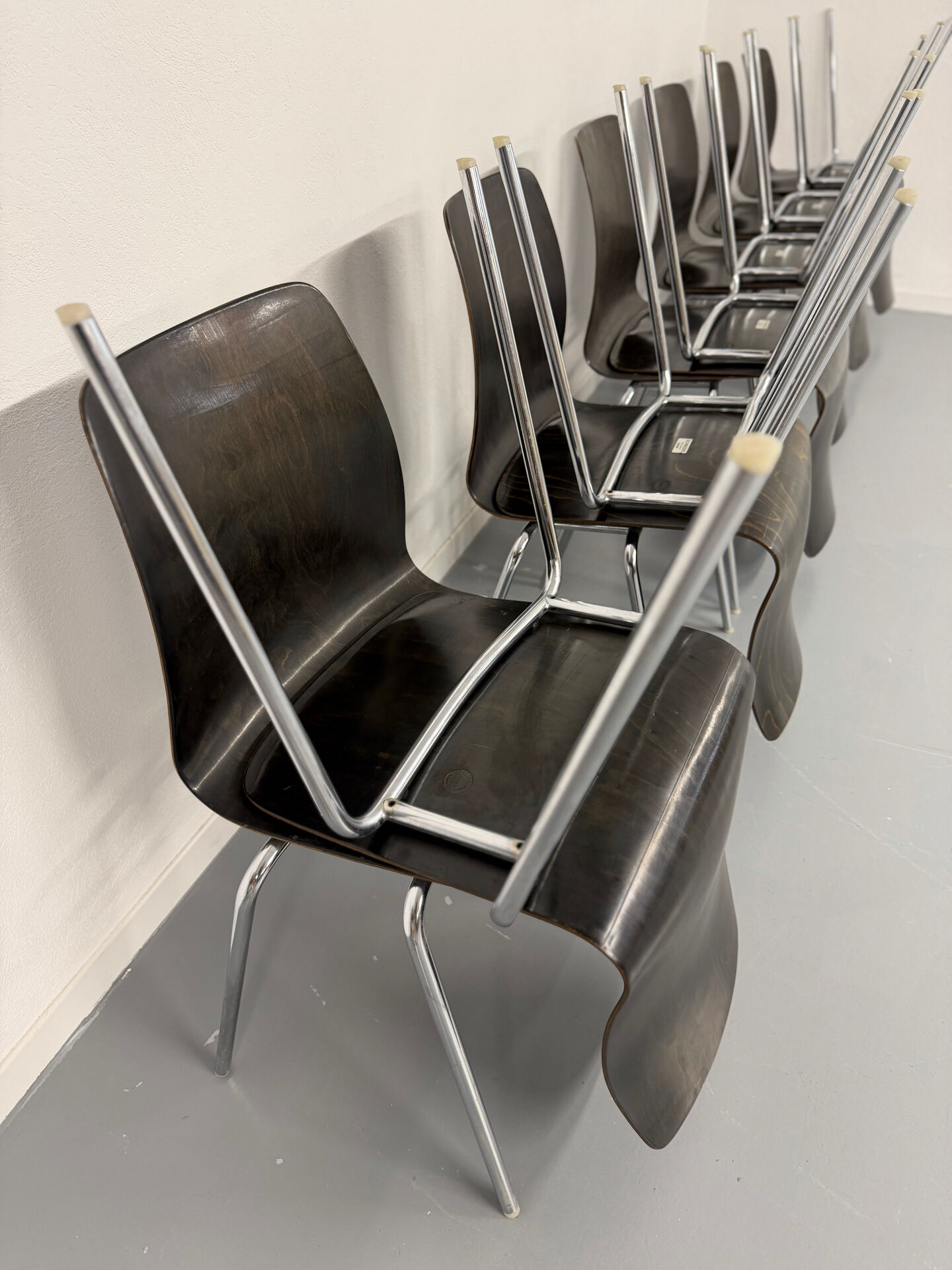 Set of 12 wooden and chrome chairs, Pagholz design from the 80s, vintage Pagwood.