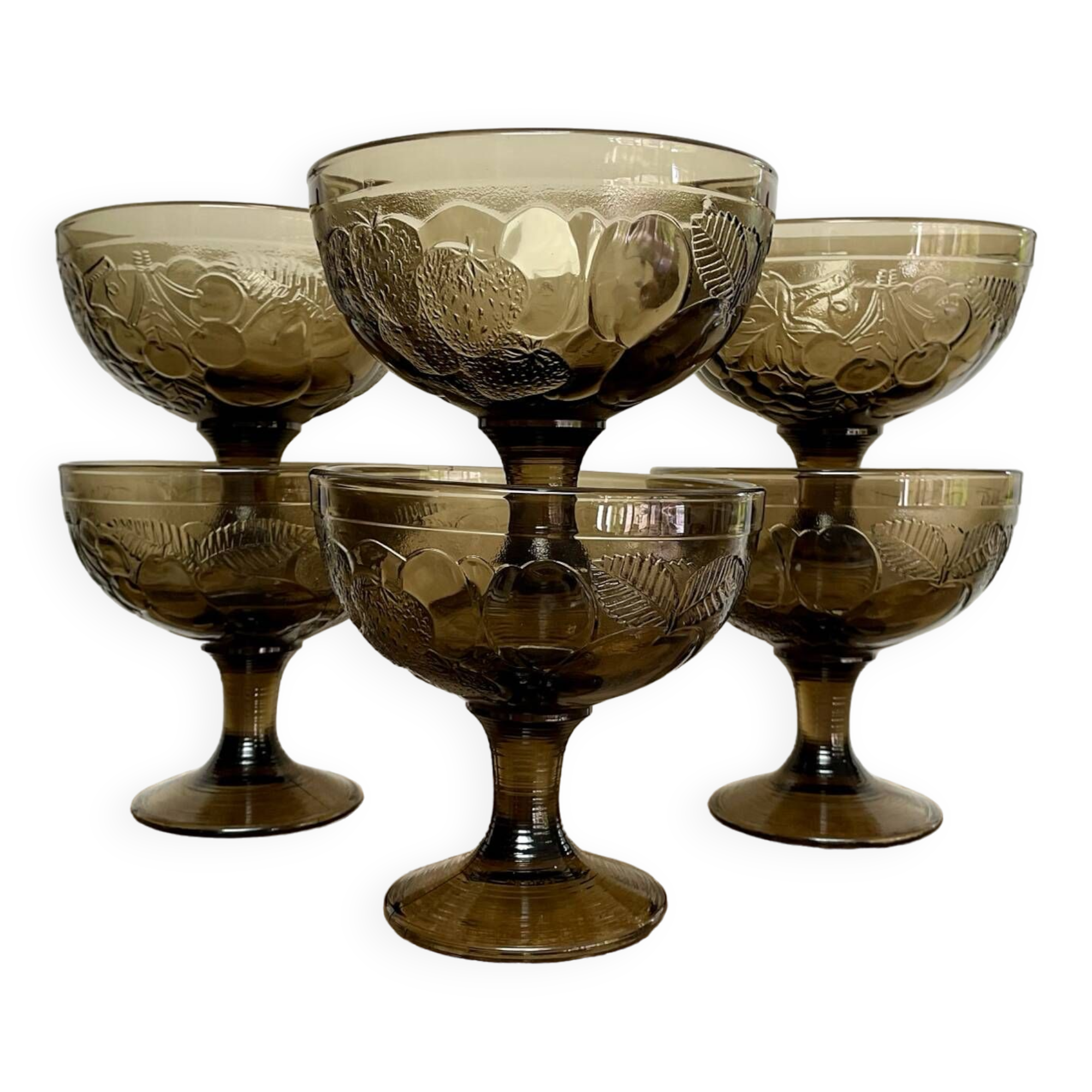 6 vintage Luminarc smoked glass fruit bowls